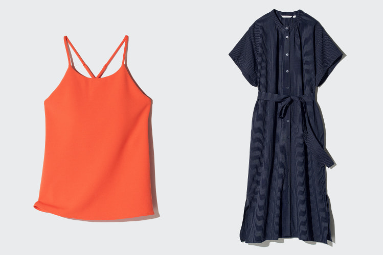 ▲クレープジャージーブラキャミソール￥2,290 リネンブレンドリラックスワンピース￥3,990
