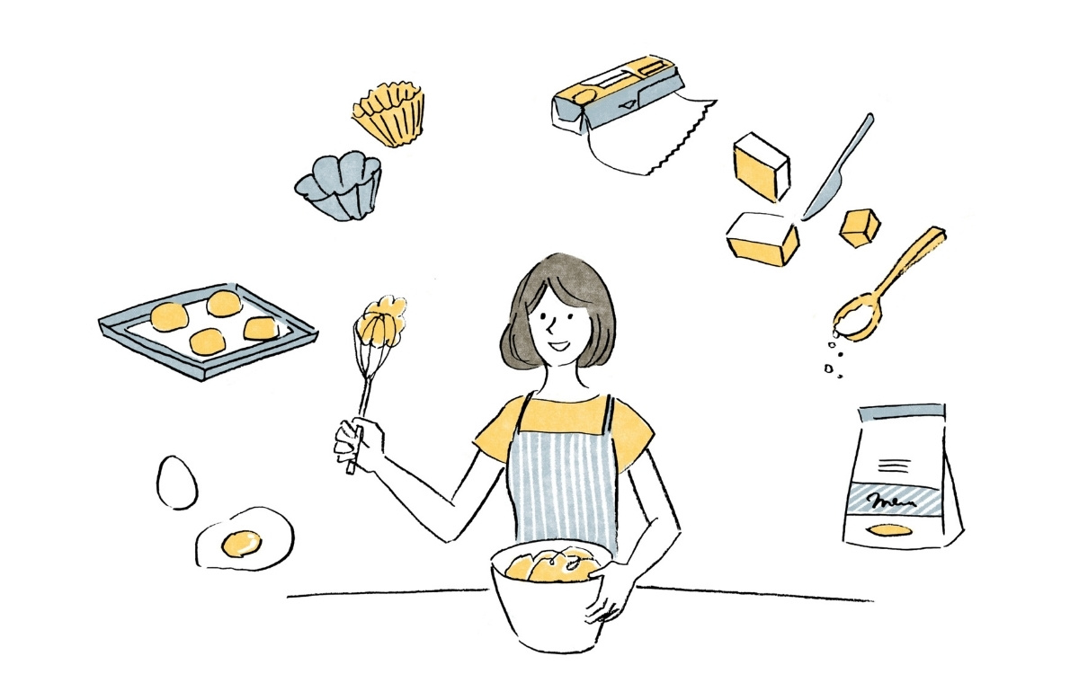 お菓子を作る女性と素材や道具のイメージイラスト