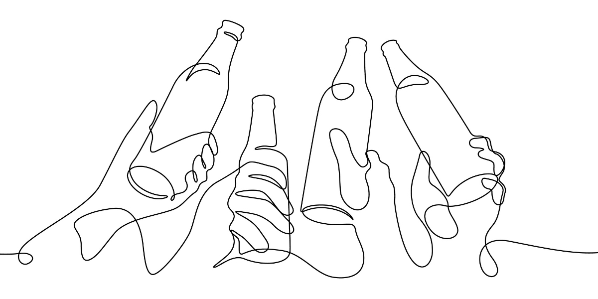 瓶を掲げて乾杯する人々の手元のイラスト