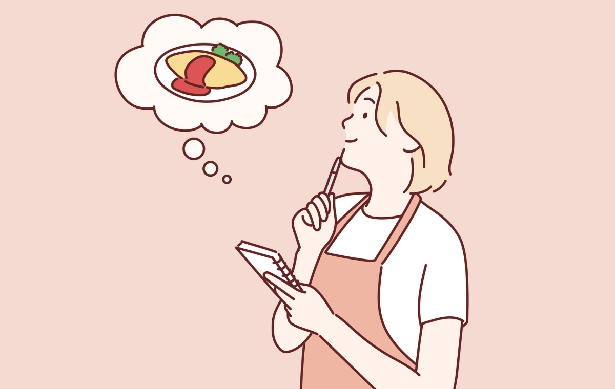 献立を考えている女性のイラスト。オムライスを思い浮かべている
