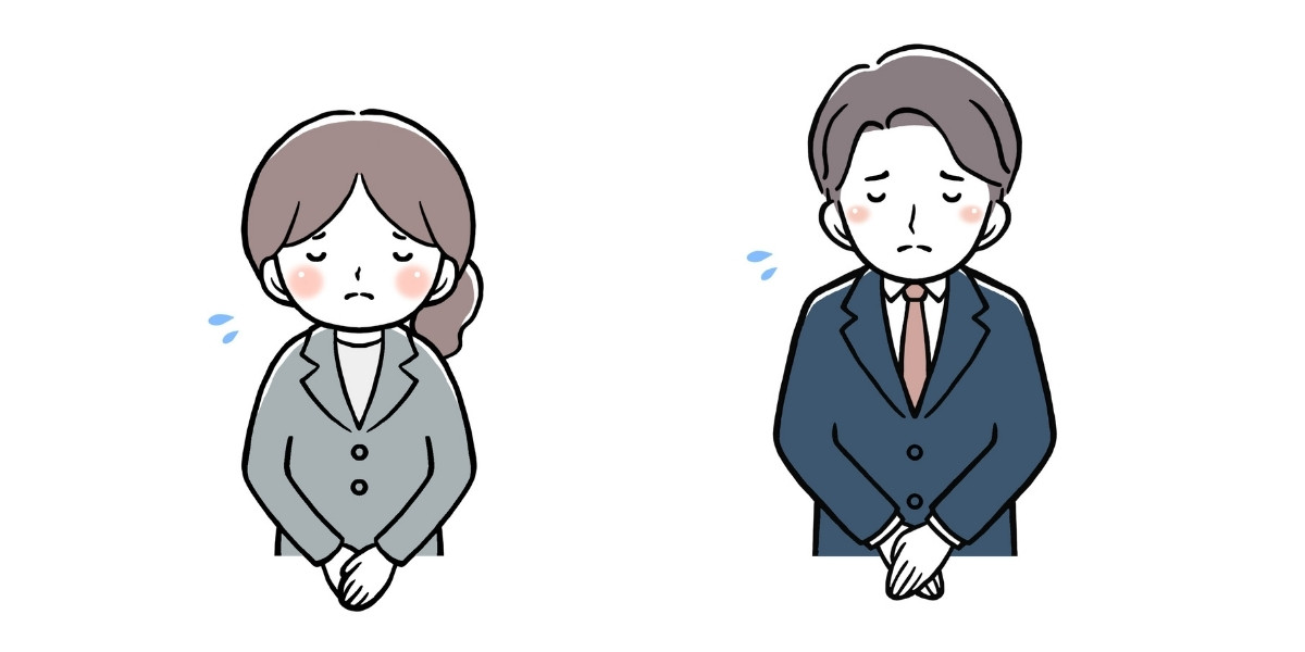 お辞儀して謝る男女のビジネスパーソンのイラスト
