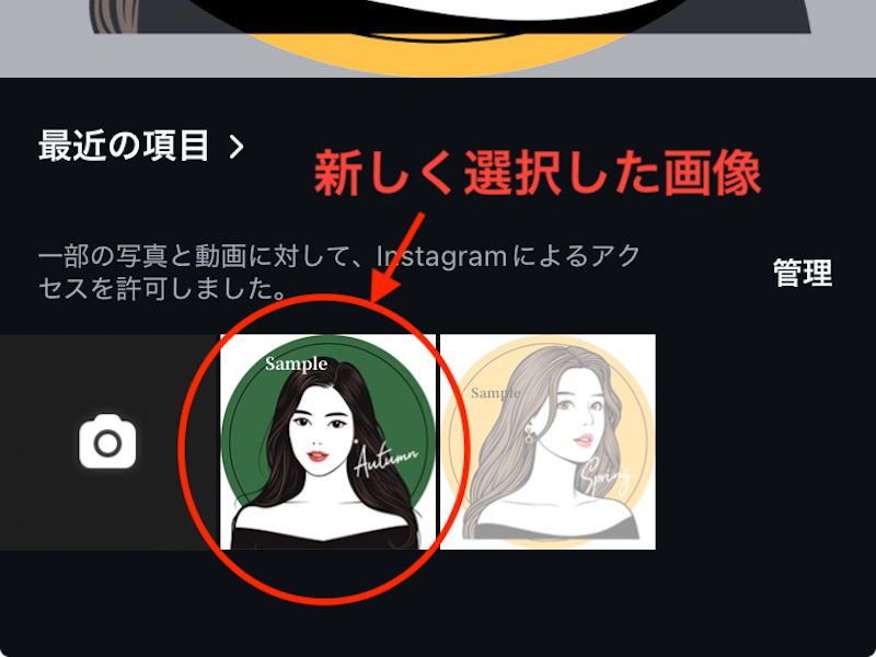 Instagramアプリのアイコン用ライブラリに新たな画像が追加された画面