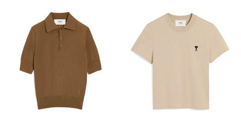 ブラウン コットン Ami de Coeur ポロ￥74,800、ベージュ コットン Ami de Coeur クロップド Tシャツ￥26,400