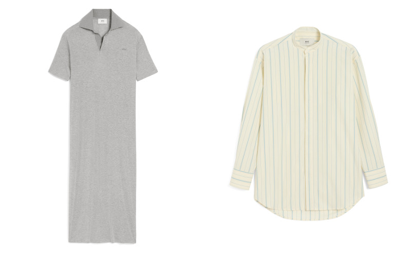 グレー コットン ショートスリーブ ポロ ロングドレス￥99,000、ベージュ コットン Ami de Coeur ボクシー フィット ストライプ シャツ￥67,100