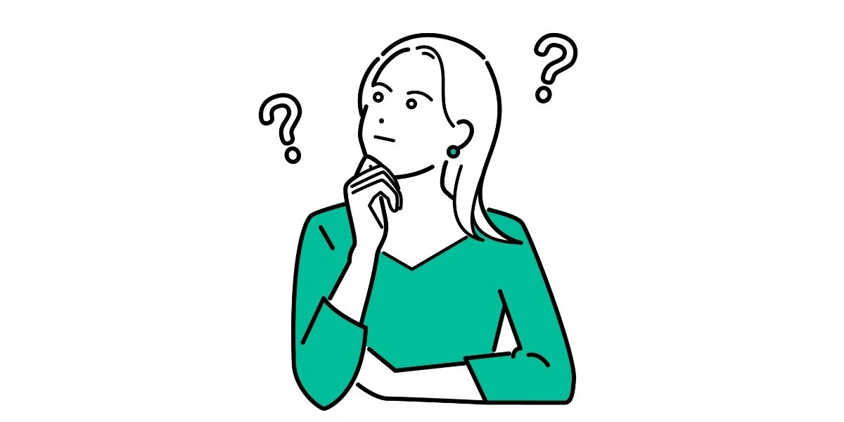 ?マークを頭の上に出して考えている女性のイラスト