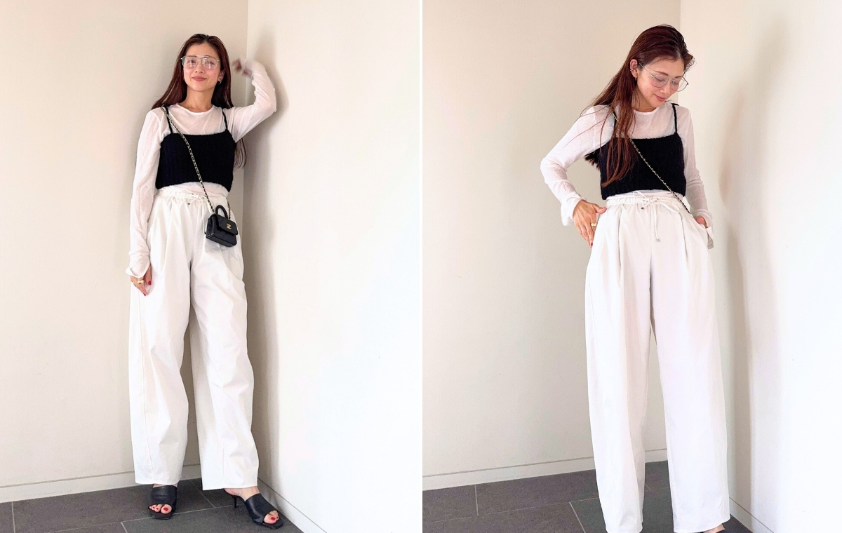 白シアーカットソー×黒ビスチェ×白パンツコーデの写真を2枚並べた画像