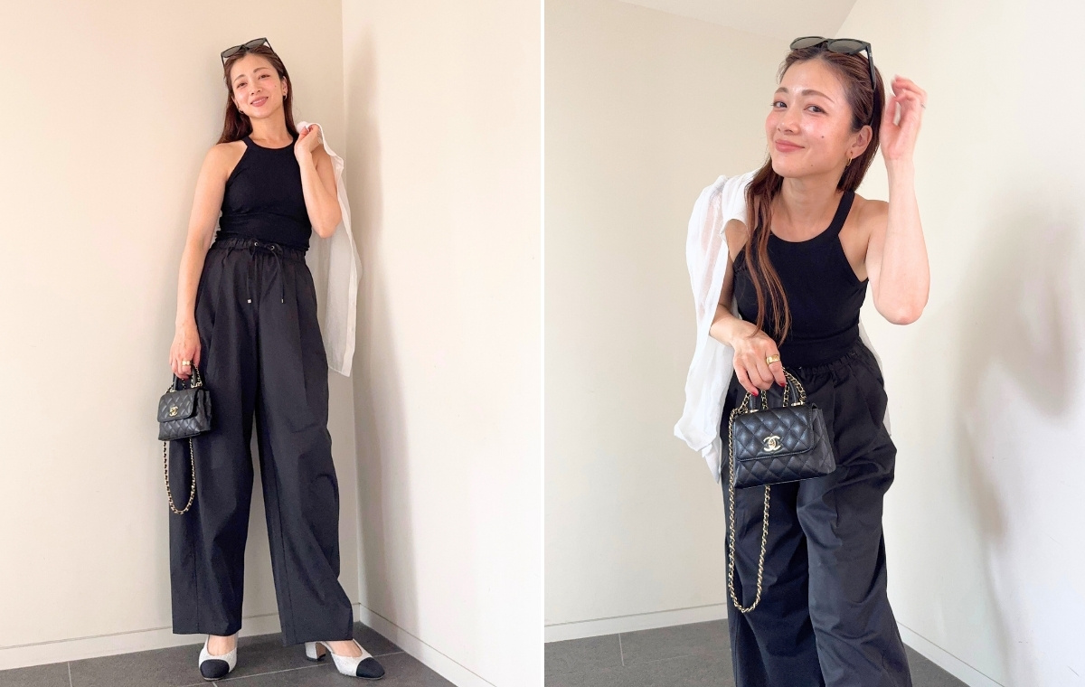 黒パンツコーデの全身写真とアップショットを並べた画像