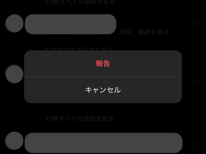Web版インスタでコメントを長押しした画面