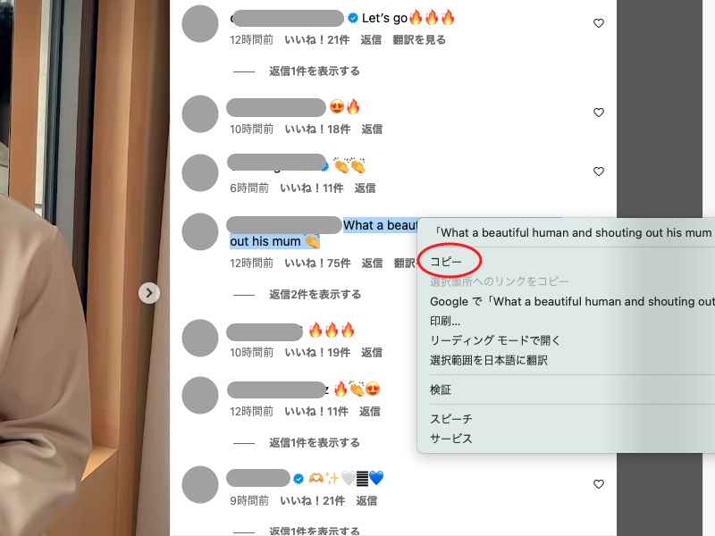 パソコン版インスタでコメントを選択した画面
