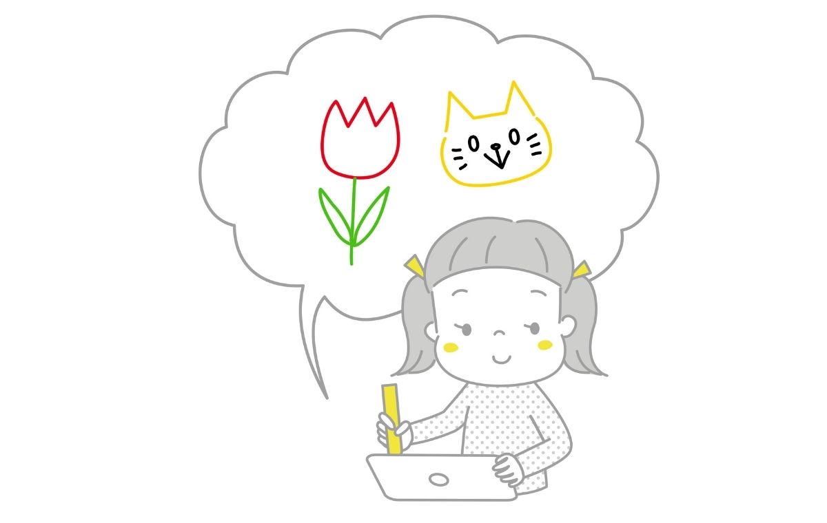 猫やチューリップの絵を描いている女児のイラスト