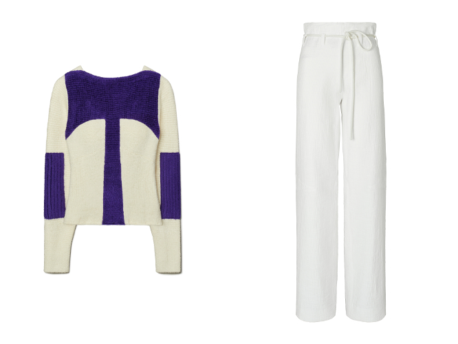 カラーブロック セーター￥134,200、ワイドレッグ コットン パンツ￥178,200