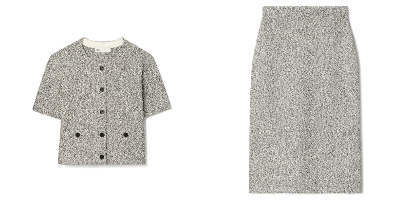 クロップド ツイード カーディガン￥770,000、ツイード スカート￥66,000