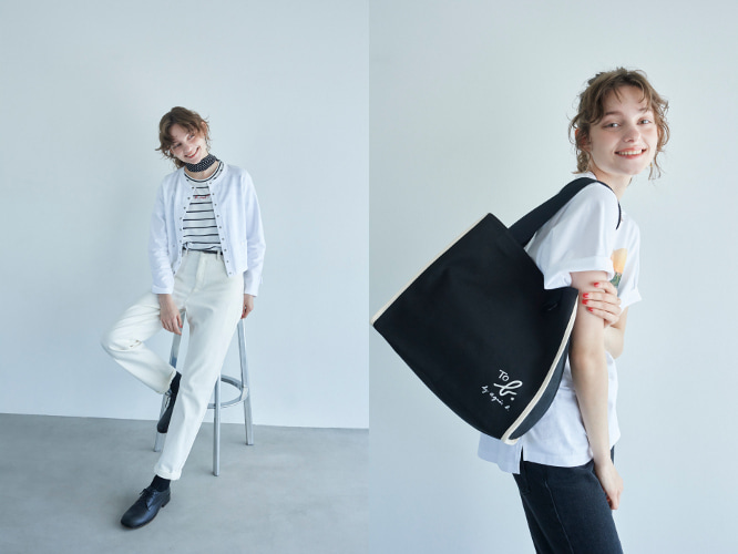 カーディガン、Tシャツ、パンツのコーディネート バッグ着用画像