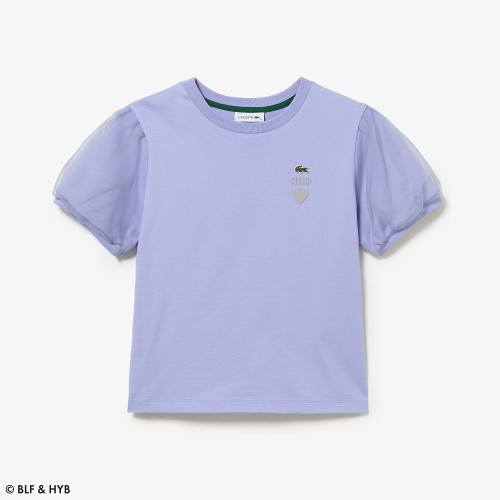 チュールスリーブロゴ刺繍Tシャツ