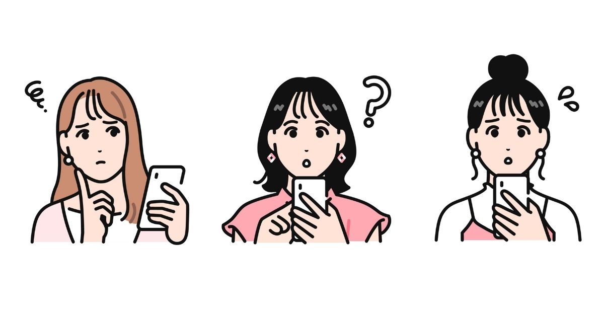 スマホ見ながら困っている女性3人のイラスト
