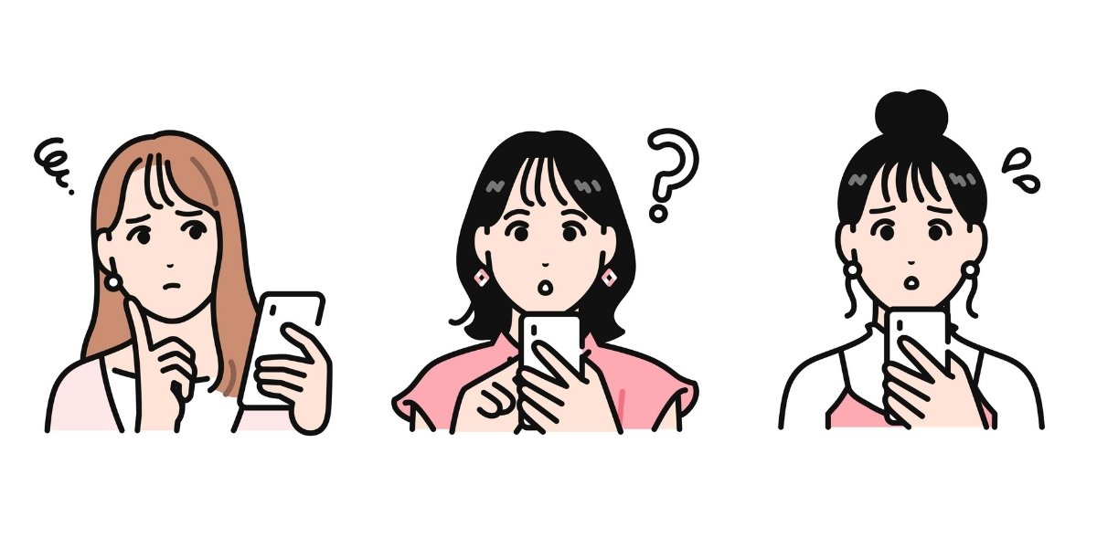 スマホを操作しながら悩んでいる女性3人のイラスト