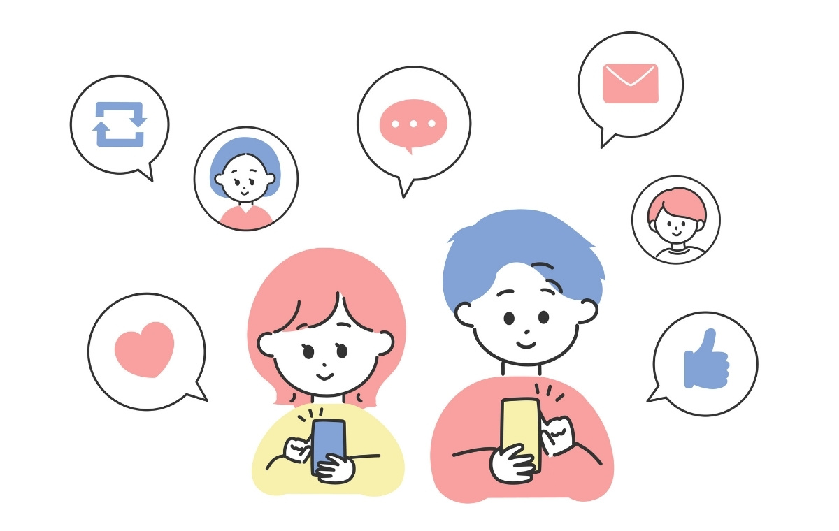 SNSを楽しむ男女のイラスト
