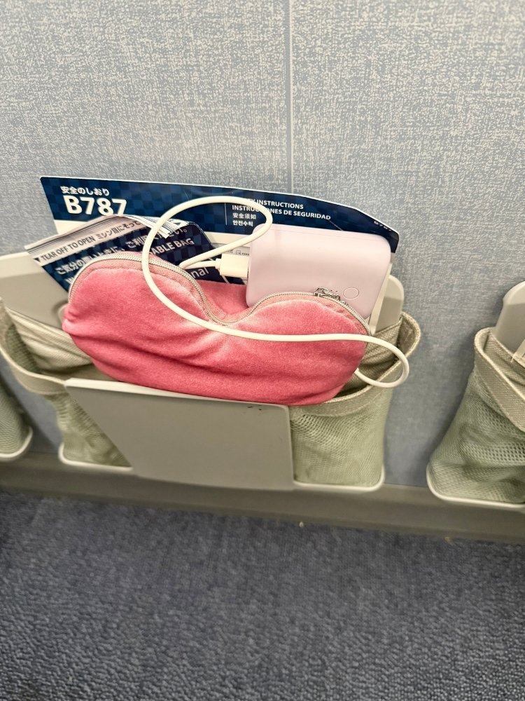 飛行機の座席前の物入れにモバイルバッテリーを入れている写真