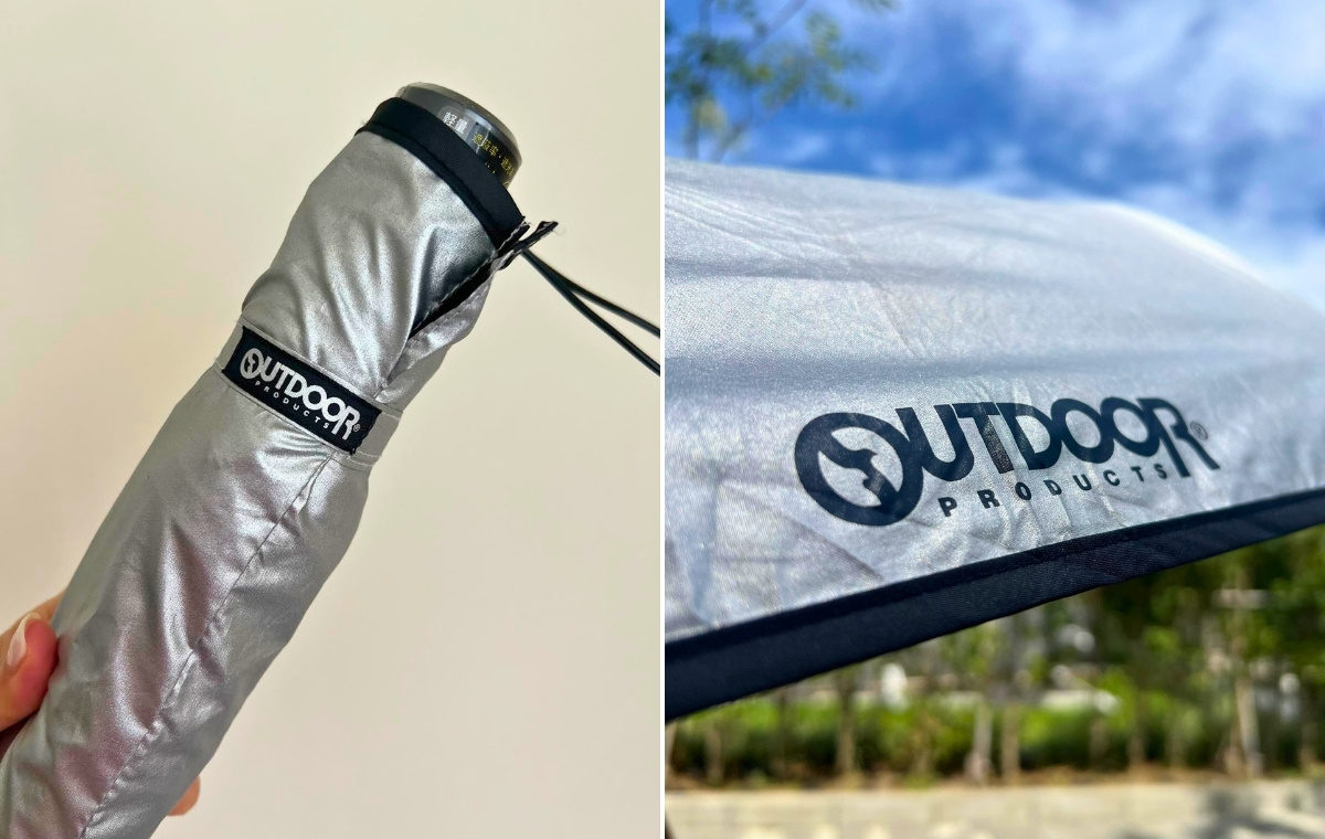 折り畳んだ状態の日傘の写真と開いた傘にあるロゴのアップショットを並べた画像