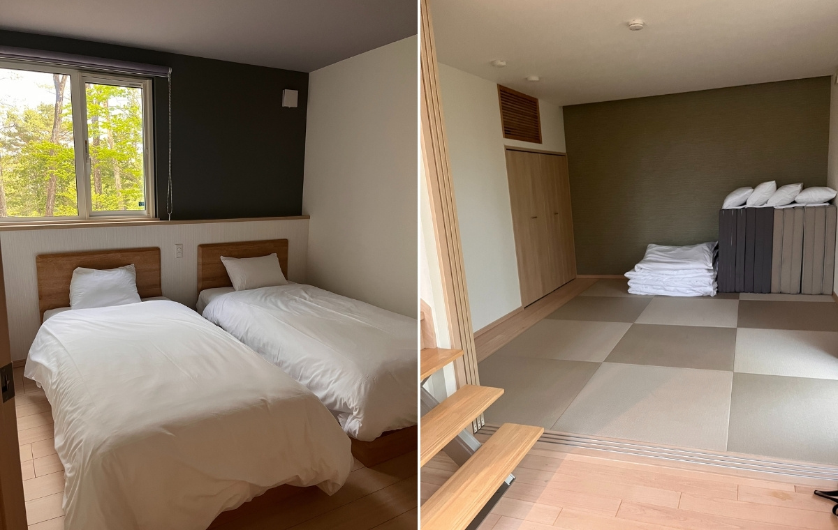 ベッドルームの写真と和室の写真。和室には寝具が置いてある