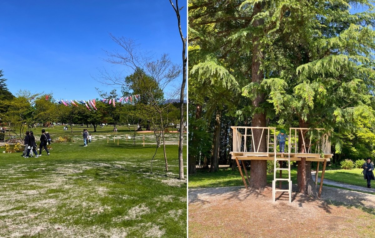 牧場の広い芝生や遊具の写真