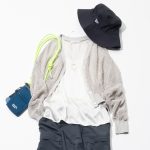 メッシュカーデとメンズショーパンの水際コーデ