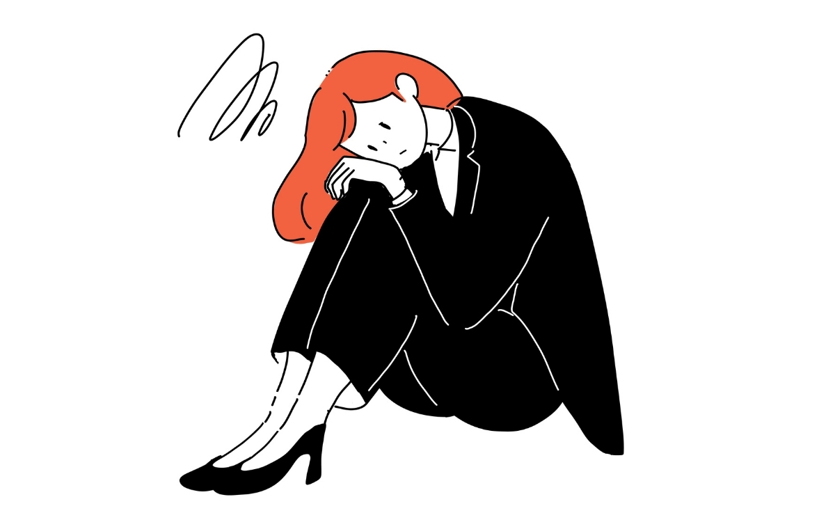 体育座りで落ち込むビジネスウーマンのイラスト