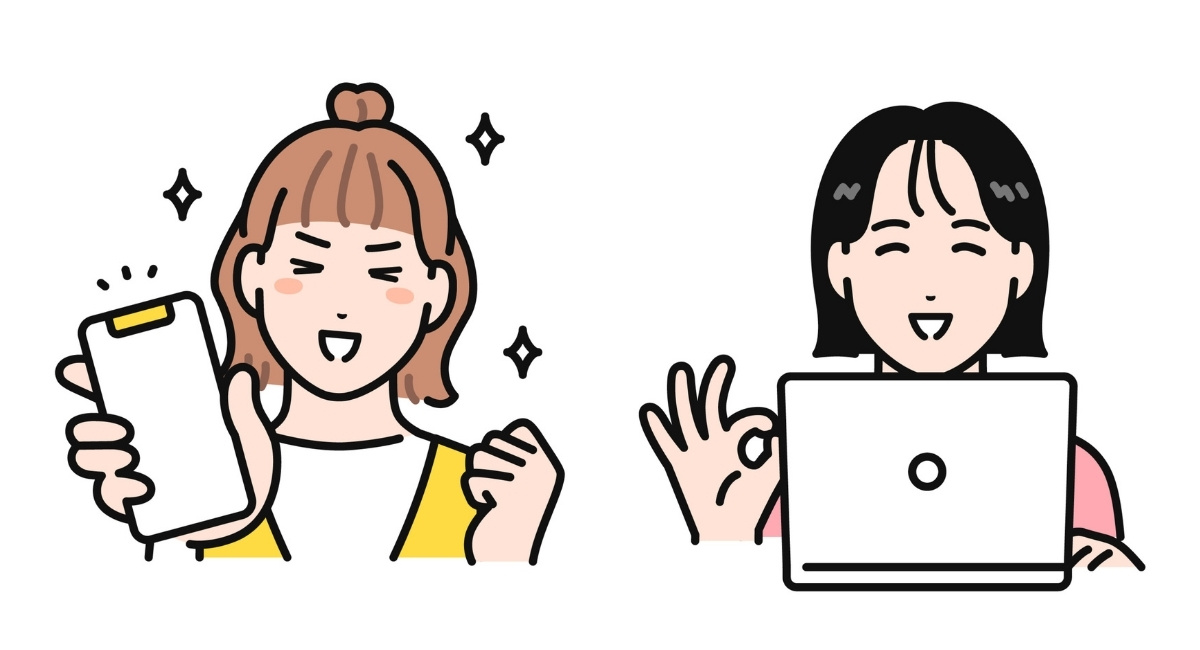 パソコンとスマホをそれぞれ操作する笑顔の女性二人のイラスト