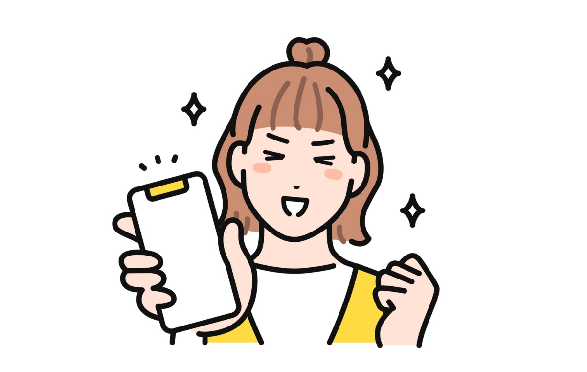 ピカピカのスマホを見せる女性のイラスト