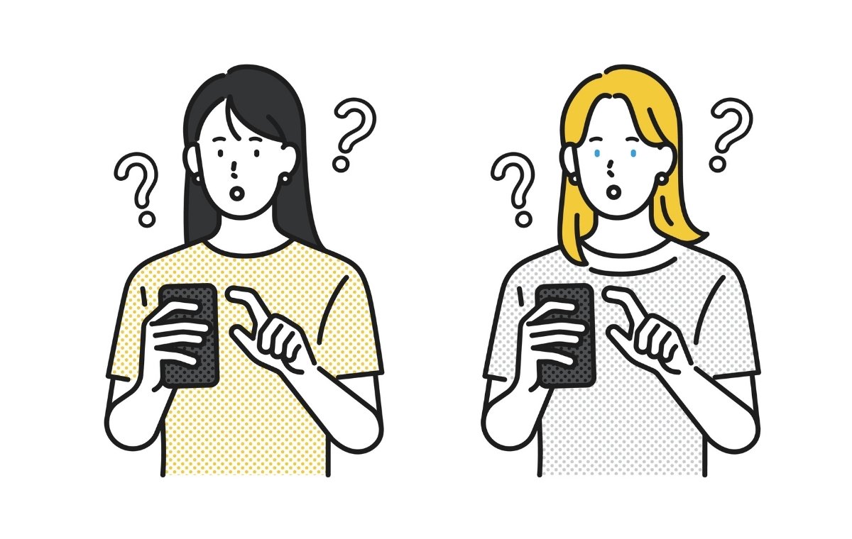 スマホを操作しながらはてなマークを出している女性のイラスト