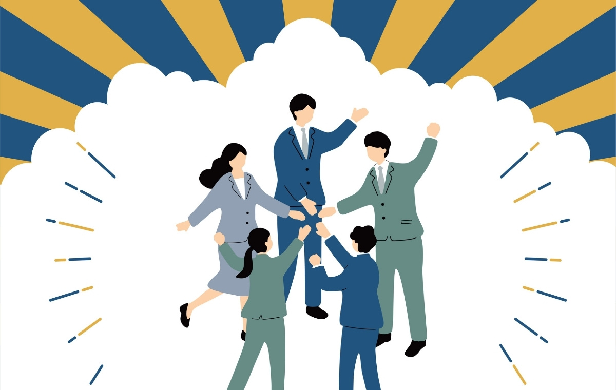 円陣を組むスーツ姿の男女のイラスト