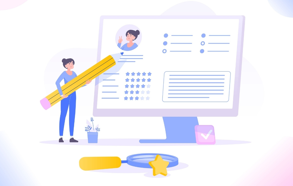 履歴書をPCで作る女性のイメージイラスト