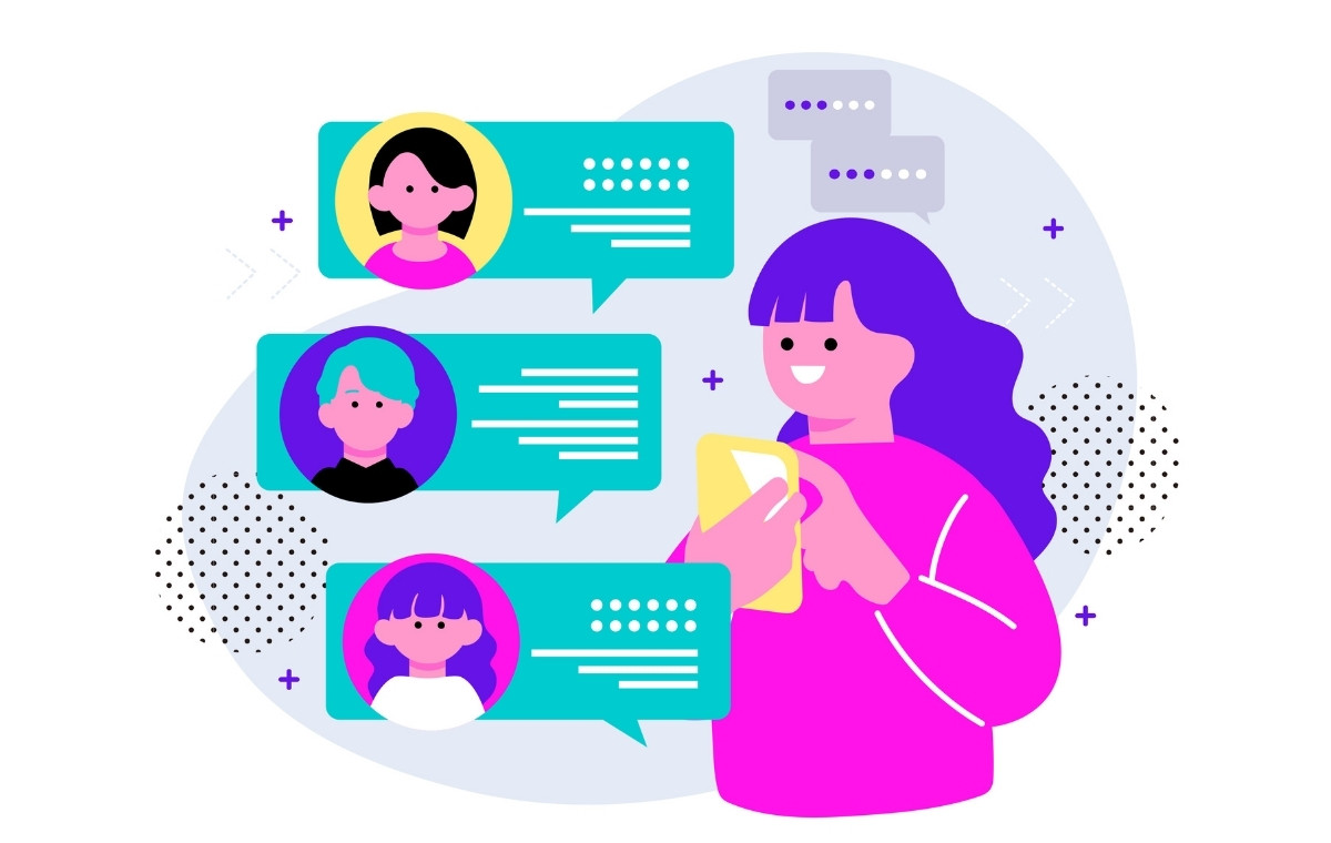 複数人とメッセージのやり取りをする女性のイラスト