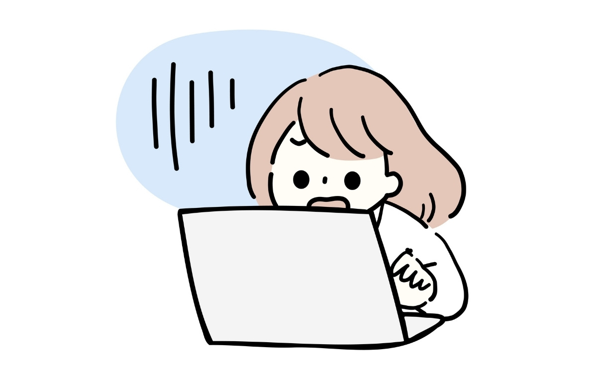 パソコンを見てショックを受ける女性のイラスト