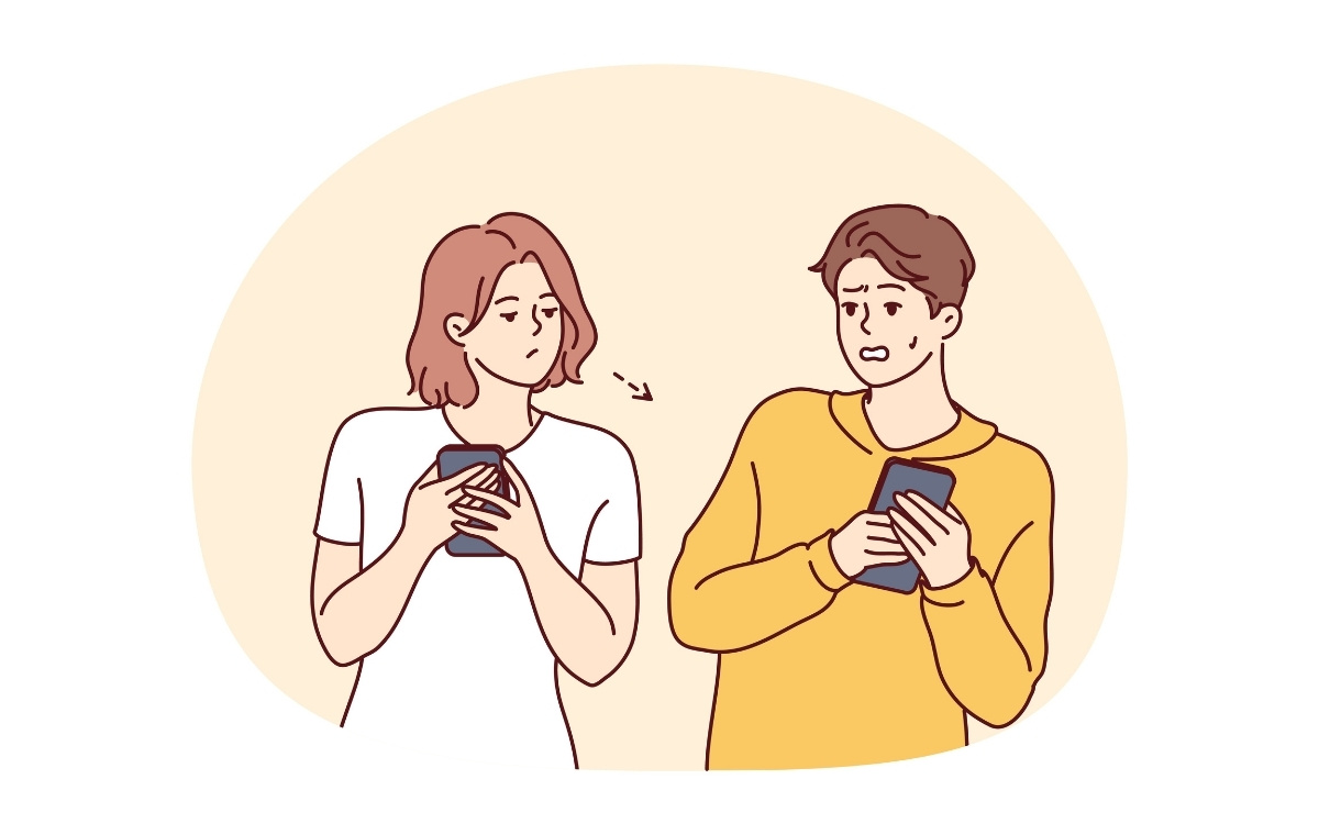 スマホを覗かれてたじろぐ男性のイラスト