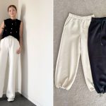 パンツの平置き写真と着用写真を並べた画像