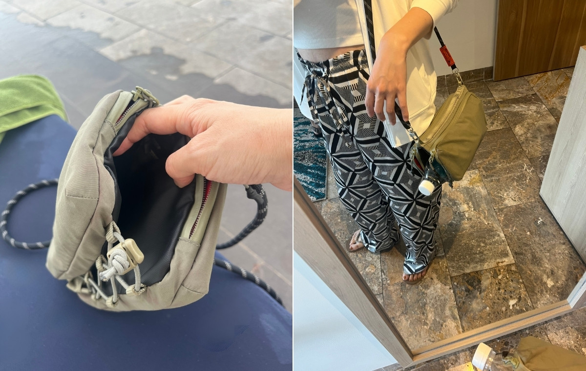 バッグの中身と着用写真を並べた画像