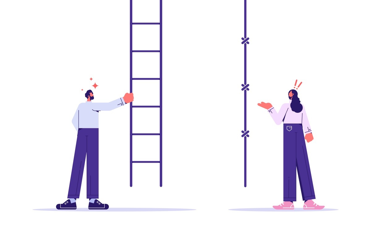 ハシゴを比べる男女