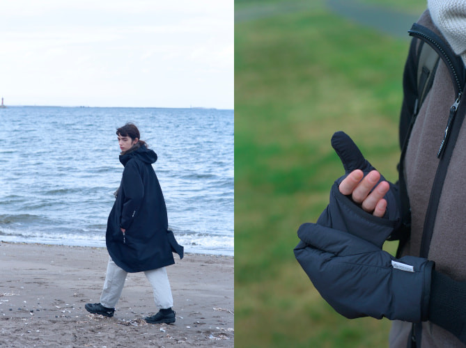 WINDSTOPPER POLYESTER POPLIN COAT、WINDSTOPPER MITTENS着用画像