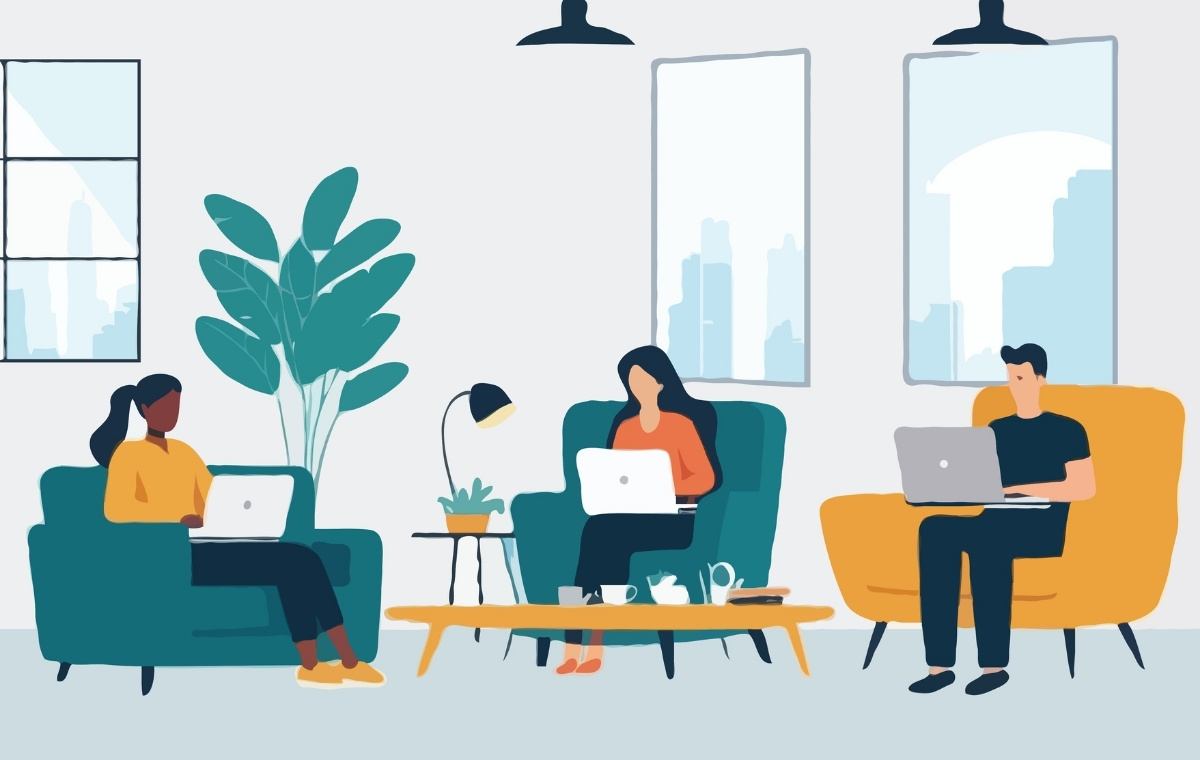 オフィスでノートPCを操作する人々のイラスト