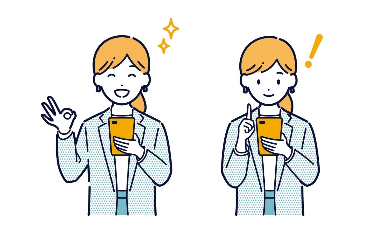 スマホを操作してOKポーズを作るビジネスウーマンのイラスト