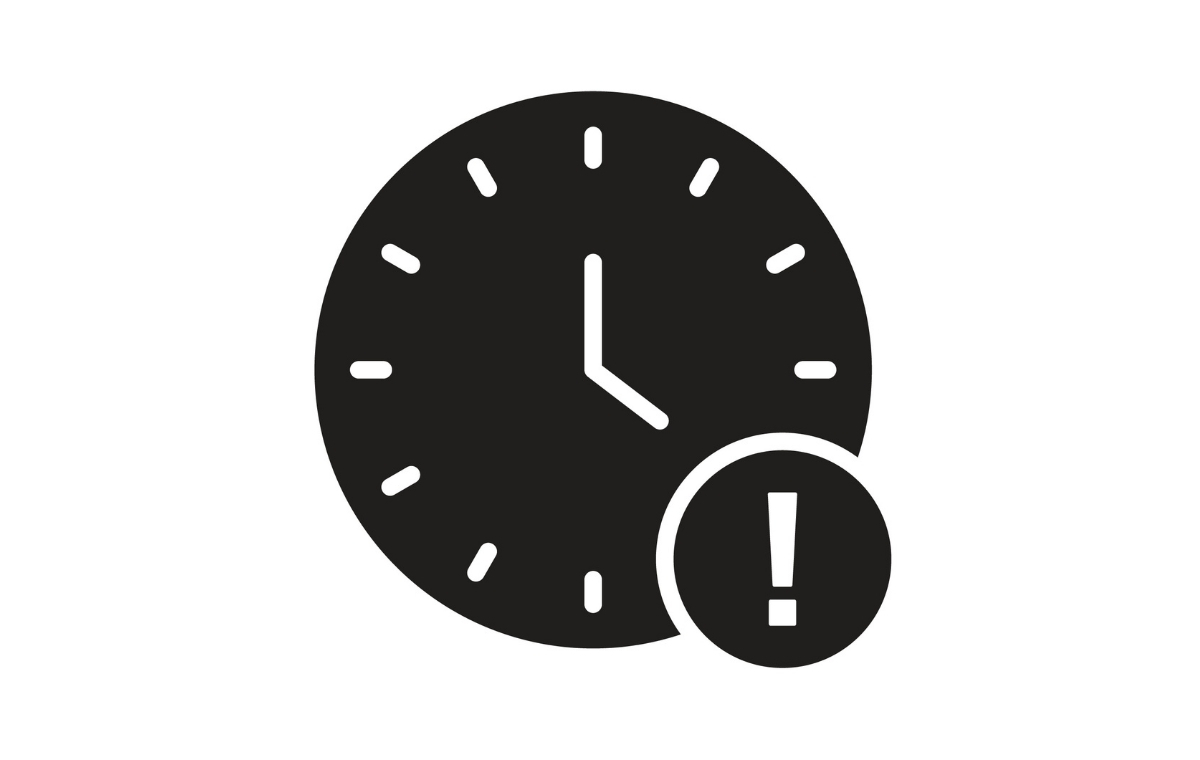 時計の上にビックリマークが書かれたイラスト