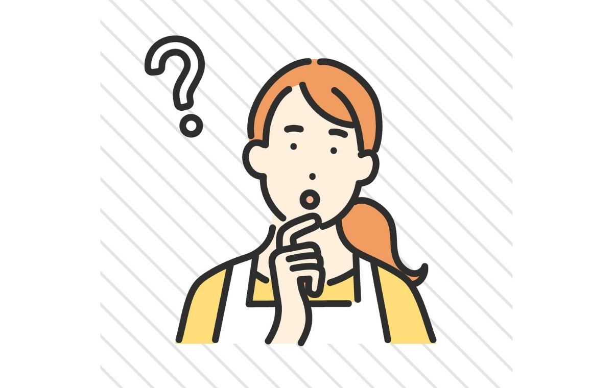 はてなマークを出して考えているエプロン姿の女性のイラスト