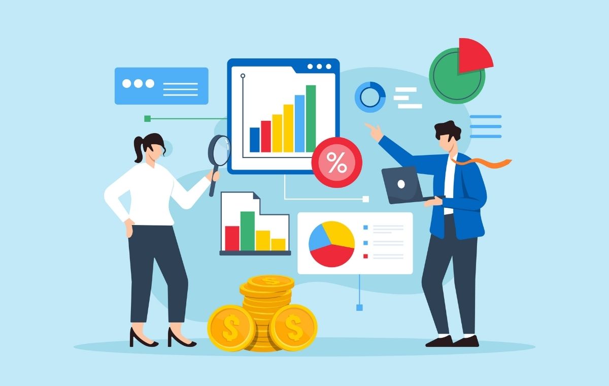 さまざまなグラフなどのビジネス資料と男女のビジネスパーソンのイラスト