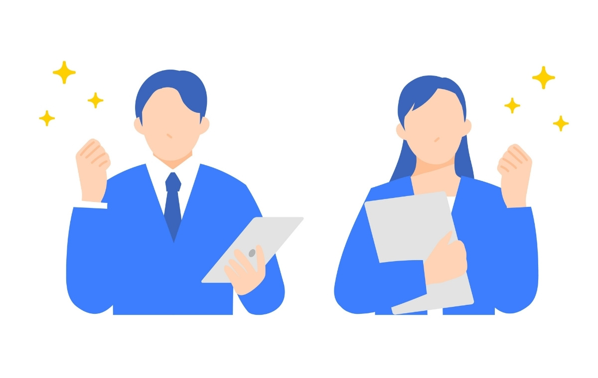 ガッツポーズする男女のビジネスパーソンのイラスト