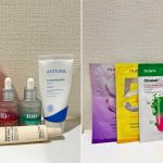 スキンケアアイテムとマスクの写真