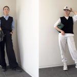 黒ニットベストコーデの写真を2つ並べた画像