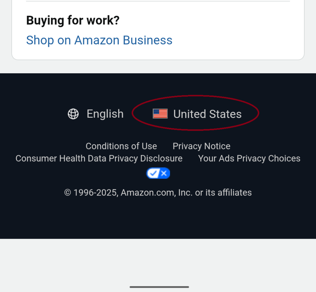 アメリカ版Amazonのスクリーンショット。画面最下部の国旗とUnited Statesという文言が赤で囲まれている