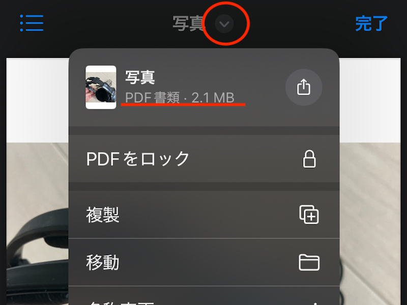 ファイルフォルダに保存された写真の詳細表示画面