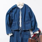 ノーカラーデニムジャケット×デニムパンツ